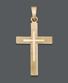 Stay true to your faith in timeless design. This traditional cross pendant features a beautiful etched design crafted in 14k gold. Approximate drop width: 1/2 inch. Approximate drop length: 1 inch.