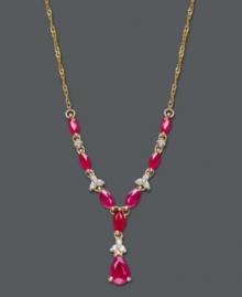 Brighten your look with elaborate design and bold hues. This intricate, y-shaped necklace highlights oval and pear-cut rubies (2-5/8 ct. t.w.) combined with the sparkle of round-cut diamonds (1/10 ct. t.w.). Set in 14k gold. Approximate length: 19 inches. Approximate drop: 1-1/2 inches.