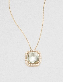 A faceted, cushion-cut green envy topaz stone surrounded by dazzling white sapphires set in 14k gold on a delicate link chain. Green envy topazWhite sapphire14k goldLength, about 16Pendant size, about .3 Spring ring closureMade in USA