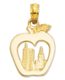 A central silhouette of the New York City skyline is nestled inside an apple, channeling the thought that this Big Apple is yours for the taking. Crafted of 14k gold. Chain not included. Approximate drop: 7/10 inch. Approximate width: 1/2 inch.