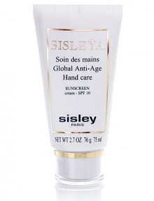 Global anti-age treatment for smoother and softer hands. Designed to prevent age signs on the hands. Made with botanical plant extracts and an anti-UVA-UVB filter complex(SPF 10). Helps to hydrate and nourish the hands, leaving them supple and protected.  Lightening and anti-age spot action  Firming and anti-aging action  Repairing  2.7 oz. 