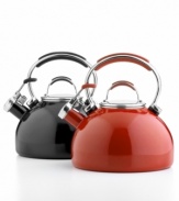 Perfect for posh gatherings, this sleek, stainless steel tea kettle is accented with a soft, silicone rubber handle in coordinating colors. When water comes to a boil, a harmonious whistle lets you know it's tea time. Hassle-free replacement warranty.