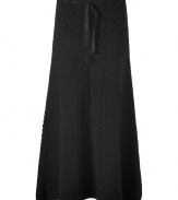 Stylish skirt in fine black wool and cashmere blend - New maxi length hits at ankle - Trendy all-over crochet knit detail - Flattering, feminine trapeze silhouette  - Soft, fluid fall - Elegant ribbon tie at waist - Pair with a lightweight cashmere sweater or fitted top and high heels