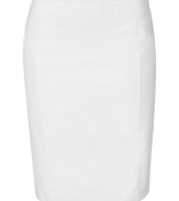 Stylish skirt in fine, pure white washed cotton - Elegant, slim pencil cut hits above the knee - Decorative seams at waist accentuate curves - Adjustable skinny belt and vent at rear - Zips at side - Streamlined and sophisticated, great for work or play - Pair with a silk blouse, button down or light cardigan and peep toe or platform pumps