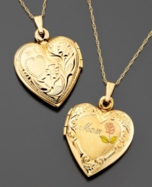 Give mom the best. This exquisite 14k gold heart-shaped locket features scroll molding and a rose with Mom inscribed in the center. The perfect gift for Mother's Day. Chain measures approximately 18 inches; drop measures approximately 1-1/4 inches.