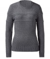 Luxurious pullover made ​.​.from a fine, grey wool blend - Stylish knit pattern - The silhouette is slim and feminine fitted - Classic crew neck and long sleeves, rib-knit cuffs - A dream basic, classy and casual - A hit combination with jeans, business trousers, a pleated skirt