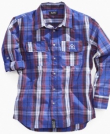 Easily pick him out of a crowd with this popping plaid shirt from LRG.