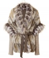 Incredibly luxe with statement-making style, this fur-and-knit combo jacket from Roberto Cavalli is guaranteed to elevate any ensemble - Wrap front with leather tie belt, dolman fur sleeves with knit long sleeve underlay, leather and stud detailed cuffs, relaxed fit - Pair with skinny jeans, a silk blouse, and statement heels