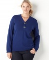 Plus size fashion that warms up your wardrobe. This long sleeve sweater from Charter Club's collection of plus size clothes is accented by hook and eye closures. (Clearance)