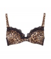 Get the sultry glamorous look of a vintage 1950s pin up girl in Von Follies by Dita Von Teeses wild animal print satin balconette bra - Underwire style with wired sides, lightly padded structured cups, slinky lightweight satin with sheer black stretch lace overlay, scalloped lace trim on cups, animal print mesh sides, wide adjustable straps with gold-toned hardware, iconic soft elastic triangle cross back detail, adjustable gold-toned back hook-and-eye closures - Wear with the matching panties for a seriously seductive look