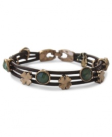 A charming leather bracelet by Lucky Brand. This woven design adds charm with semi-precious jade stones set in gold tone mixed metal. Crafted in woven brown leather. Approximate length: 7-1/2 inches.