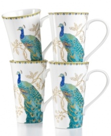 A classical icon of unique beauty is set in white porcelain upon these Peacock Garden mugs from 222 Fifth. Colorful, charming and precious in porcelain, this design is sure to elevate the look of your table.