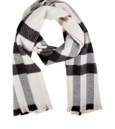 Wrap yourself up in classic style with this luxe cashmere-merino check scarf from Burberry London - Easy to style length, allover classic check print, frayed edges - Wear with a cashmere pullover, a wool cape, and over-the-knee boots