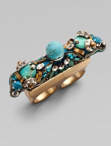 Richly veined turquoise and shimmering rhinestones are joined by embroidered beads and golden accents in this dramatic design that slips over two fingers.Turquoise Rhinestones Goldtone Width, about 2¼ Made in USA