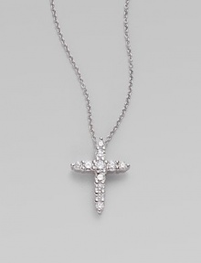 A simply beautiful 18k white gold cross encrusted in dazzling diamonds. Diamonds, .39 tcw 18k white gold Chain length adjust from about 16 to 18 Pendant size, about ½ Lobster clasp closure Made in Italy 