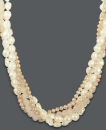 Sweet sophistication. Multiple strands of pink (8-9 mm) and white (4-4-1/2 mm) cultured freshwater pearls mixed with rose quartz beads (179-1/2 ct. t.w.) shimmer in this statement necklace. Clasp crafted in sterling silver. Approximate length: 17 inches.