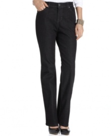 These petite straight-leg jeans from Style&co. offer a fancy yet comfy fit! An elastic waistband provides stretch and a black wash adds polish.