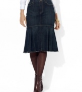 Lauren Jeans Co.'s classic denim skirt receives a flirty twist from a flared, pleated hem.