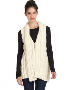 THE LOOKStripes of silky soft rabbit fur on a soft knitDraped shawl collarOpen frontSleevelessLonger silhouetteTHE FITAbout 31 from shoulder to hemTHE MATERIALDyed rabbit furKnit: acrylicCARE & ORIGINDry clean by fur specialistImportedFur origin: China