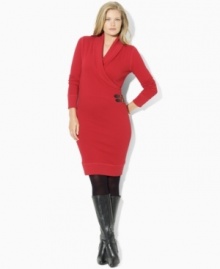 Lauren Ralph Lauren's cozy plus size sweatshirt dress is crafted in soft cotton terry for comfort and finished with a shawl collar and faux-leather buckles for heritage appeal.