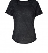 Flecked with white with cool modern seaming, Marc by Marc Jacobs black tee is a staple separate with endless wearing possibilities - Wide neckline, raglan short sleeves, dropped shoulders, curved hemline - Fitted - Wear with cardis and jeans, or tucked into a high-waisted pencil skirt with heels