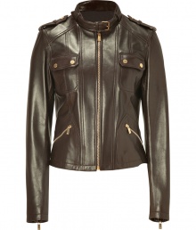 The always favorite biker jacket gets an ultra luxurious remake in Michael Kors chocolate leather silhouette, cut to perfection for a close, flattering fit - Belted stand-up collar, long sleeves, zippered cuffs, front zip, snapped and zippered pockets, epaulettes, form-fitting - Pair with mini skirts and sleek ankle boots