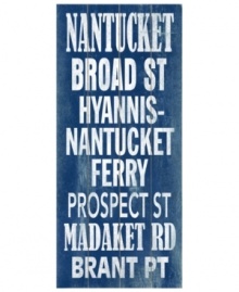 Plan your escape to Nantucket daily with this distressed wooden transit sign highlighting Broad Street, Madaket Road and Brant Point. A charming piece for beach homes.