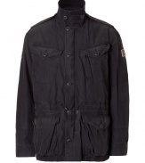 Perfect for transitional spring weather, this luxe parka brings high style without compromising comfort- Stand collar with front button detail, epaulets, front button placket, two chest and hip cargo pockets, drawstring waist, British flag patch on arm - Pair with an elevated jeans-and-tee ensemble and boots