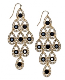 Mysterious style, by INC International Concepts. A gorgeous chandelier silhouette presents jet glass stones on these drop earrings. Crafted in 12k gold-plated mixed metal. Approximate drop: 3-1/4 inches.