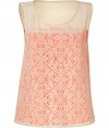 This stylish sleeveless top in fine, cream and orange silk and cotton lace is elegant and understated - Features a narrow waist, feminine crew neck and wide straps - Energetic orange hue peeks out from behind soft, cream-colored lace - Create a delicate look with white skinny jeans and ballet flats, or a relaxed summer look with cut-off denim shorts and favorite leather thongs