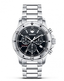 This Movado bracelet chronograph watch is crafted of solid Performance Steel™ and powered by a precise Swiss quartz chronograph movement. With rotating bezel, black dial, applied markers and butterfly deployment clasp.