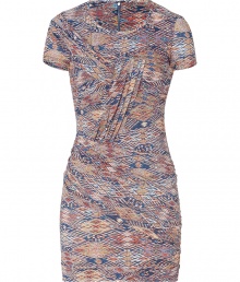 Bring instant chic to your cocktail look with this luxe mini dress from Iro - Round neck, short sleeves, front pleat detail, side draping, mini length, exposed back zip closure, all-over multicolored print - Wear with patterned tights, sky-high platforms, and a metallic clutch