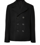 Timeless, classic, and always chic, Neil Barretts black pea coat is a multi-season must, guaranteed to give your outwear wardrobe a sleek, sophisticated feel - Notched lapel, long sleeves, buttoned cuffs, double-breasted button closures, side slit pockets, double back vents - Pair with everything from casual separates to sharply tailored business looks