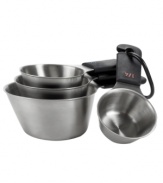 New from OXO--this sleek steel set dishes out ingredients in style. Features streamlined shapes and brushed stainless steel finishes. Soft rubber grips ensure years of durable, comfortable use. Dishwasher safe set includes 1/4-cup, 1/3-cup, 1/2-cup and 1-cup sizes. Manufacturer's lifetime limited warranty.