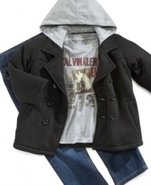 Wrap him in this long-sleeve tee and jeans set from Calvin Klein Jeans, with a hooded pea coat to warm his head and hands.