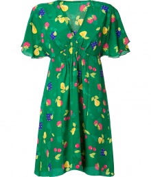 Stylish dress in pure, bright green printed silk - Soft, diaphanous fabric drapes beautifully - Fun, feminine fruit print in vibrant shades of pink, purple and yellow - Flattering v-neck and butterfly sleeves -  Empire waist and gently pleated, A-line skirt - Slim cut, hits above the knee - Flirty and sweet, ideal for the office, cocktails and summer parties - Pair with wedges, thongs or dressy sandals