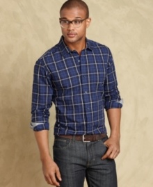 Keep your casual wardrobe sharp with this slim fit plaid shirt from Tommy Hilfiger.