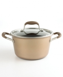 With a unique tapered design and brilliant bronze-hued style, Anolon's hard-anodized stock pot is outfitted for prime performance and beautiful stovetop presence. Along with an exclusive nonstick coating, it creates the perfect environment for cooks of all skill levels. Limited lifetime warranty.