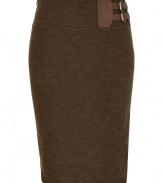 Equestrian-inspired details add stylish depth to this chic tweed pencil skirt from Polo Ralph Lauren - Wide waistband with leather and buckle details, fitted silhouette, back slit, concealed side zip closure - Wear with a cashmere pullover, a tailored blazer, and classic heels