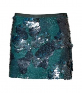 With an underwater-inspired color scheme, this sequin-laden mini-skirt from Theory injects statement-making chic to your cocktail ensemble - Thin waistband, all-over sequin embellishment, concealed side zip closure - Fitted, mini-length - Pair with a silk blouse, a boyfriend blazer, and high heel booties