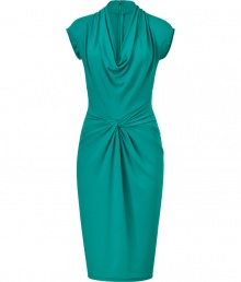 Figure-flattering and undeniably elegant, this artfully draped aquamarine dress from Michael Kors makes an enviable statement - Fitted, feminine cut contours curves - Cap sleeves and draped cowl neck  - Slimming, decorative gathered knot detail at waist - Pencil-style skirt hits at knee - Zips at back - Seamlessly transitions from work to cocktails, dinner, openings and parties - Pair with a clutch and platform pumps or sandals