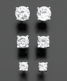 Twinkling options for every day. Includes three sets of round-cut cubic ziroconia stud earrings by B. Brilliant: 1/3 ct. t.w., 3/4 ct. t.w. and 1-1/2 ct. t.w. All set in sterling silver with rhodium plating.