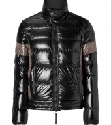 A sleek patina and cool contrast paneling lend this Duvetica down jacket its sporty and stylish edge - Wind- and water-resistant black and taupe polyamide, two-way front zip, stand-up collar with snap closures, side slit pockets - Straight cut fits close to the body for extra warmth - Pair with jeans, chinos, cords and athletic pants