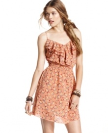 Tiers of ruffles add feminine flourish to this floral-print day dress from American Rag!