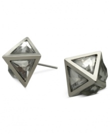 Get to the point with these sharp earrings from GUESS. The pyramid design adds sparkle with glass crystal accents. Crafted in imitation rhodium-plated mixed metal. Approximate diameter: 1/2 inch.