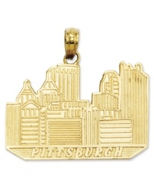 Proclaim your love for the powerful Steel City with this intricately-carved charm of the Pittsburgh skyline. Crafted of 14k gold. Chain not included. Approximate drop length: 1 inch. Approximate drop width: 1 inch.