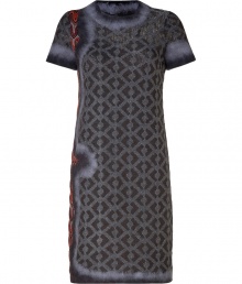 Marvelously modern with a mix of textural knit patterning and ultra contemporary swirling felted wool trim, this shift dress is a cool take on the iconic Missoni look - Round neckline, short sleeves, pull-over style - Straight silhouette, falls below the knee - Team with statement bangles and sky-high ankle boots