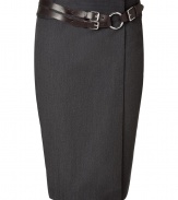 Stylish skirt in fine charcoal grey heather wool - Elegant leather belt - Typical pencil cut, slim and knee length - The eye-catcher: the decorative double buckle belt and overlapping wrap - A hit for work and parties - Pair with a white shirt or chiffon top - as well as pumps, booties or sandals