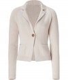 A luxe essential staple in a chic shade of sand, Iris von Arnims cashmere blazer-style cardigan is an elegant and sophisticated choice - Notched collar, ribbed trim, long sleeves, single front button closure, patch pockets, cable knit detail on sleeves and back, ribbed back hemline - Fitted - Wear over a button-down with jeans and heels