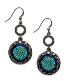 Add allure to your weekend look. These drop earrings from Style&co. bring charm with blue glitter stones on a rounded pendant. Crafted in hematite tone mixed metal. Approximate drop: 1-3/4 inches.